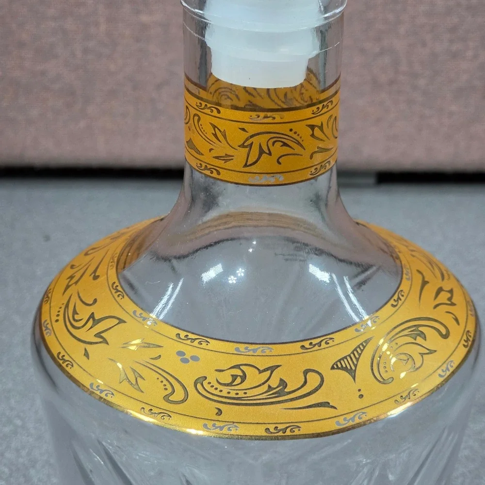 Vintage Decanter Set with 4 Glasses Gold Leaf Band Clear Pressed Glass Excellent
